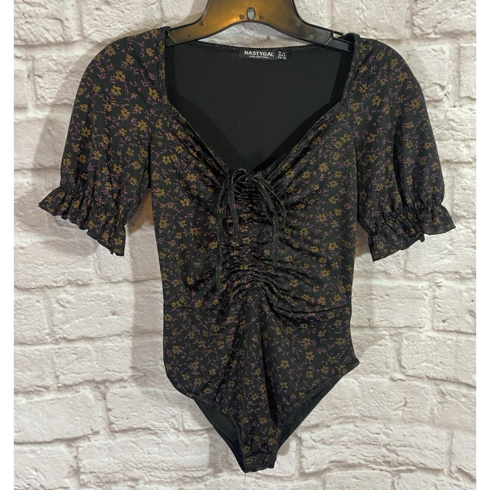 Nastygal Floral Bodysuit 6 US Peasant Sweetheart Tie Ruffle Gathered Bodice Boho